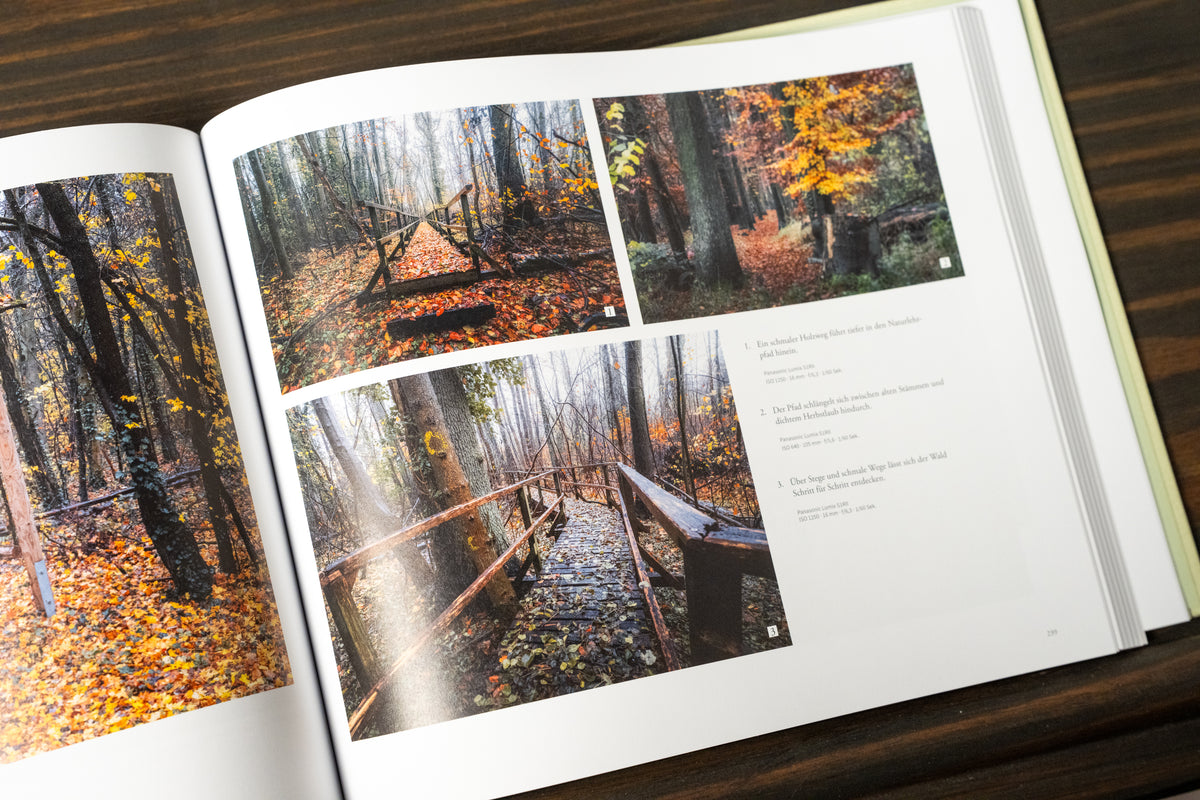 Doppelseite des ALTMARK Bildbands mit Wald- und Naturfotografien.
