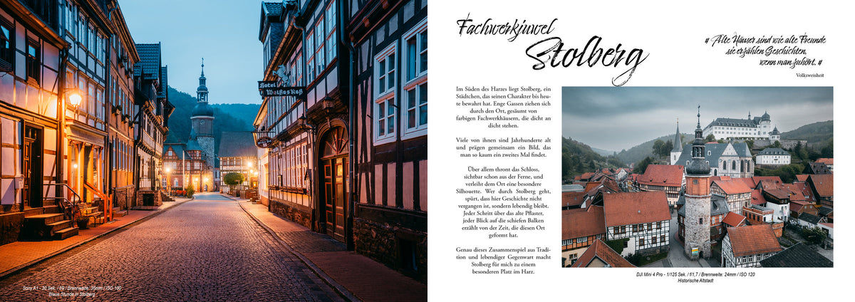 HARZ-II-Doppelseite über Stolberg: beleuchtete Fachwerkgasse zur Blauen Stunde und Blick über die Dächer zum Schloss.